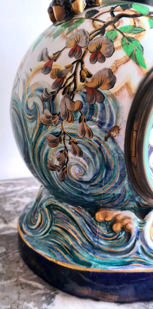 Rare Pendule japonisante au Chien De Fô en faïence Luneville et Majorelle Vers 1880/1900-photo-3