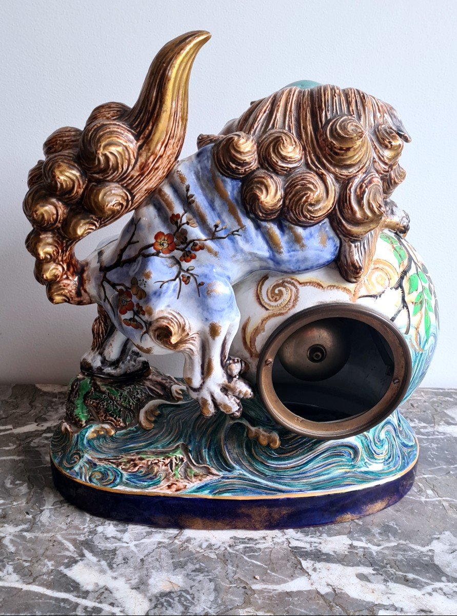 Rare Pendule japonisante au Chien De Fô en faïence Luneville et Majorelle Vers 1880/1900-photo-4
