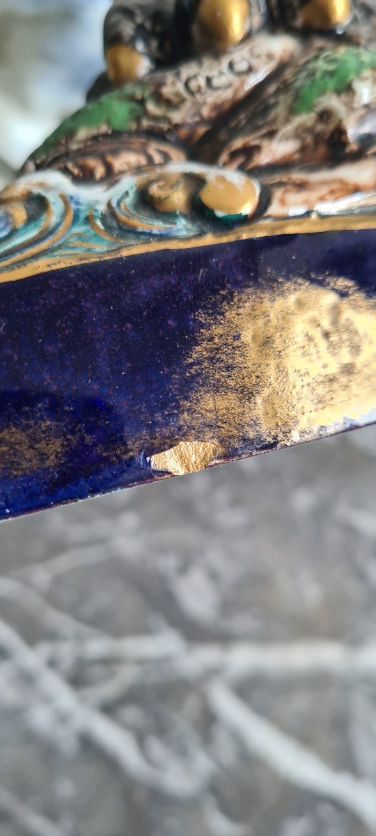 Rare Pendule japonisante au Chien De Fô en faïence Luneville et Majorelle Vers 1880/1900-photo-1