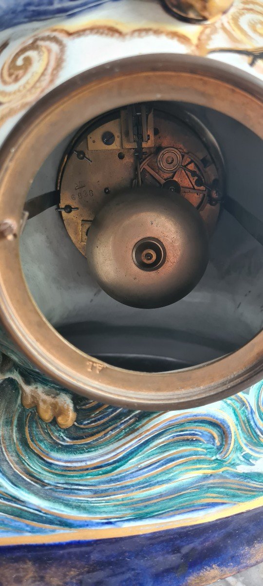 Rare Pendule japonisante au Chien De Fô en faïence Luneville et Majorelle Vers 1880/1900-photo-3