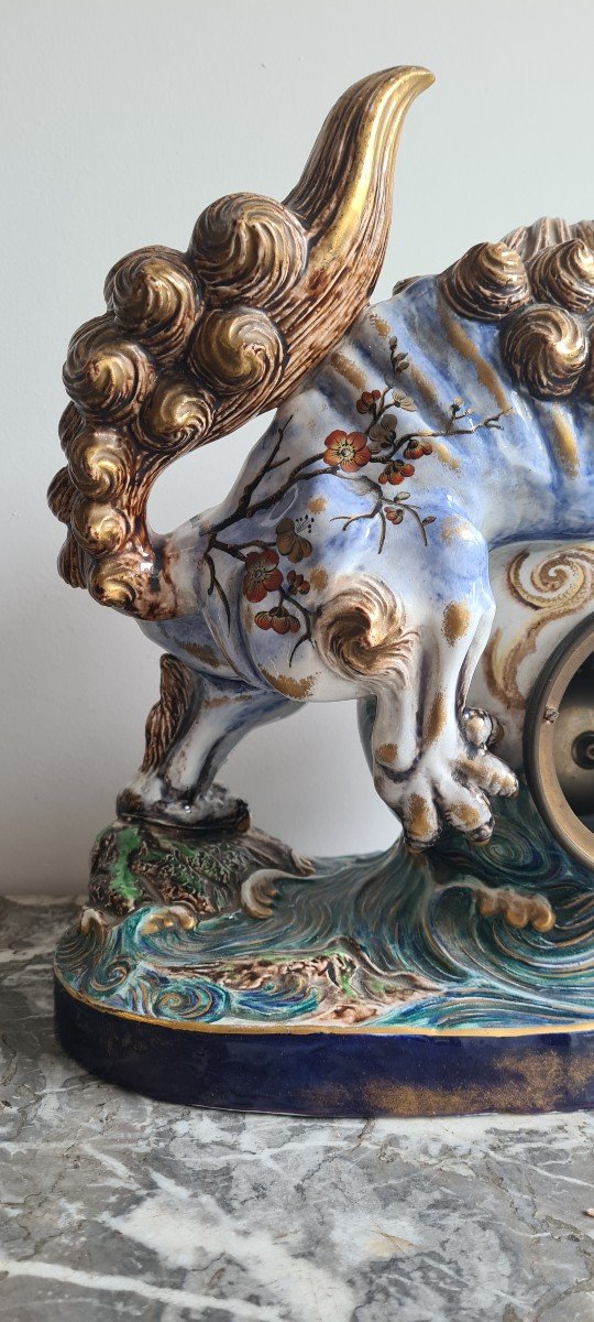 Rare Pendule japonisante au Chien De Fô en faïence Luneville et Majorelle Vers 1880/1900-photo-4