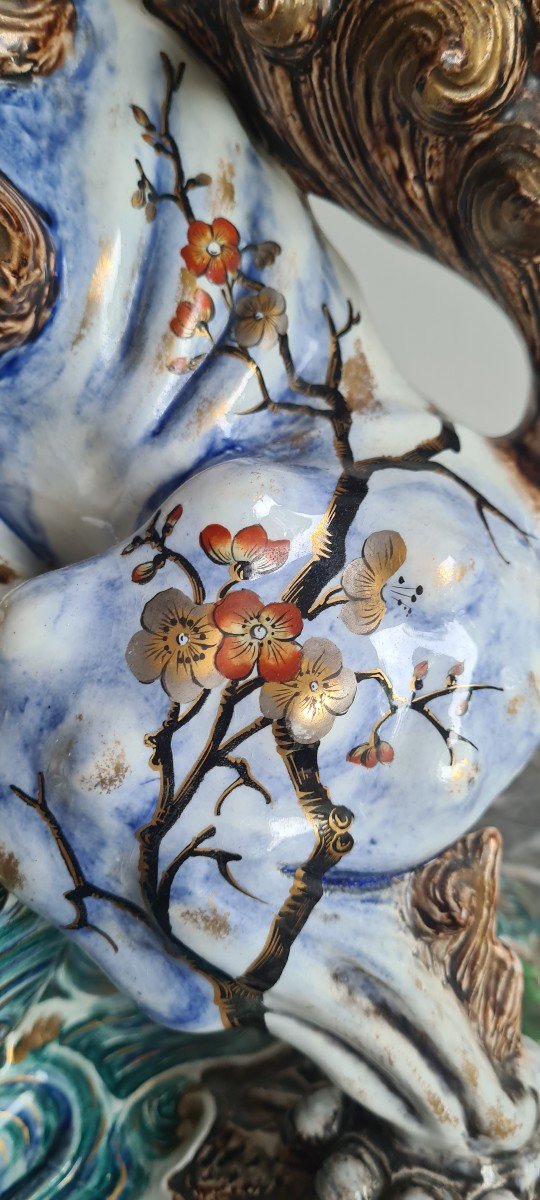 Rare Pendule japonisante au Chien De Fô en faïence Luneville et Majorelle Vers 1880/1900-photo-6