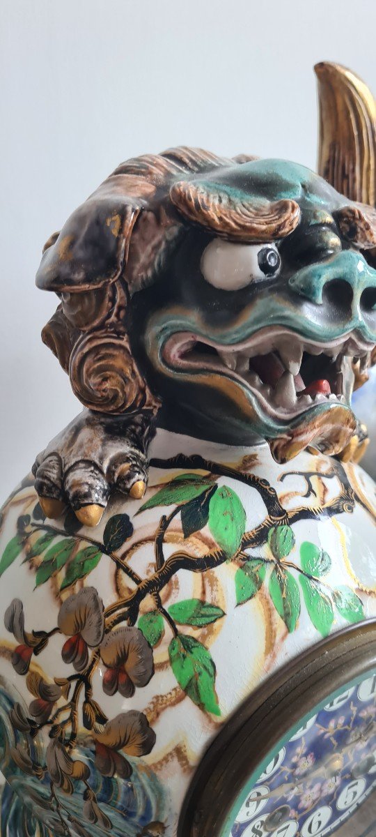 Rare Pendule japonisante au Chien De Fô en faïence Luneville et Majorelle Vers 1880/1900-photo-7