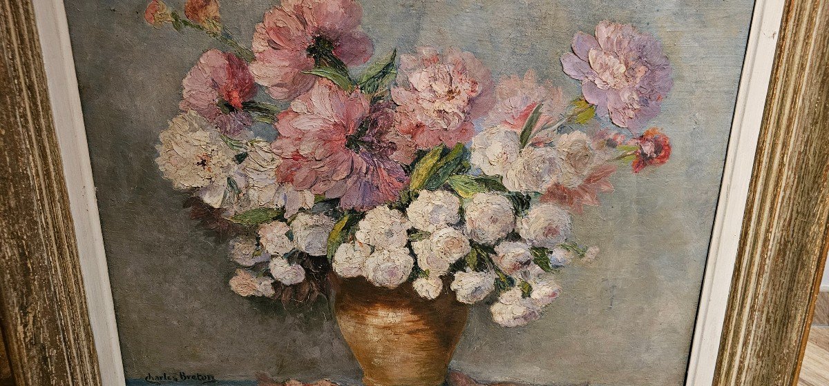 Joli Tableau Bouquet De Fleurs Par Charles Breton vers 1920 -photo-2