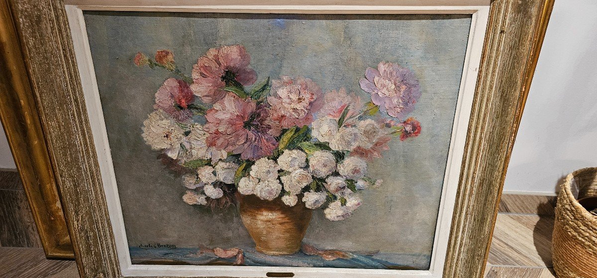 Joli Tableau Bouquet De Fleurs Par Charles Breton vers 1920 -photo-1