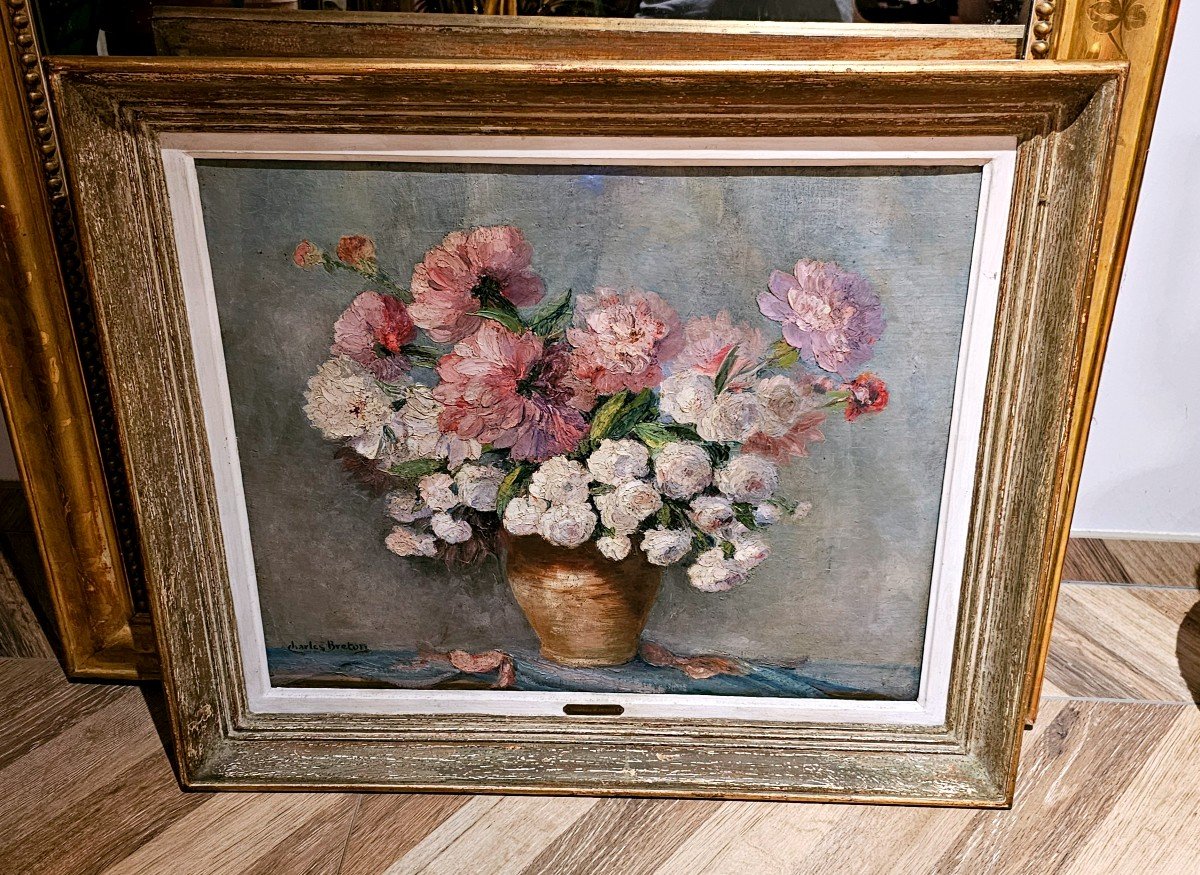 Joli Tableau Bouquet De Fleurs Par Charles Breton vers 1920 