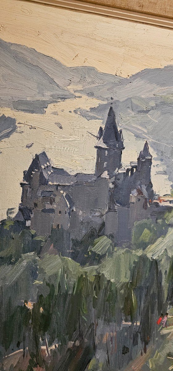 Joli Et Grand Tableau Par Paul Anderbouhr Château Au Bord Du Rhin Alsace Ou Forêt Noire-photo-2