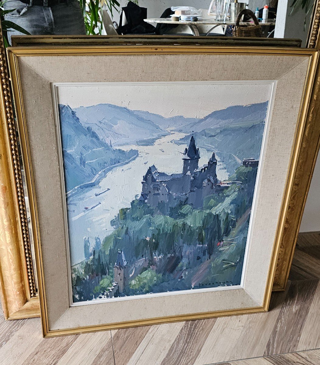 Joli Et Grand Tableau Par Paul Anderbouhr Château Au Bord Du Rhin Alsace Ou Forêt Noire-photo-3