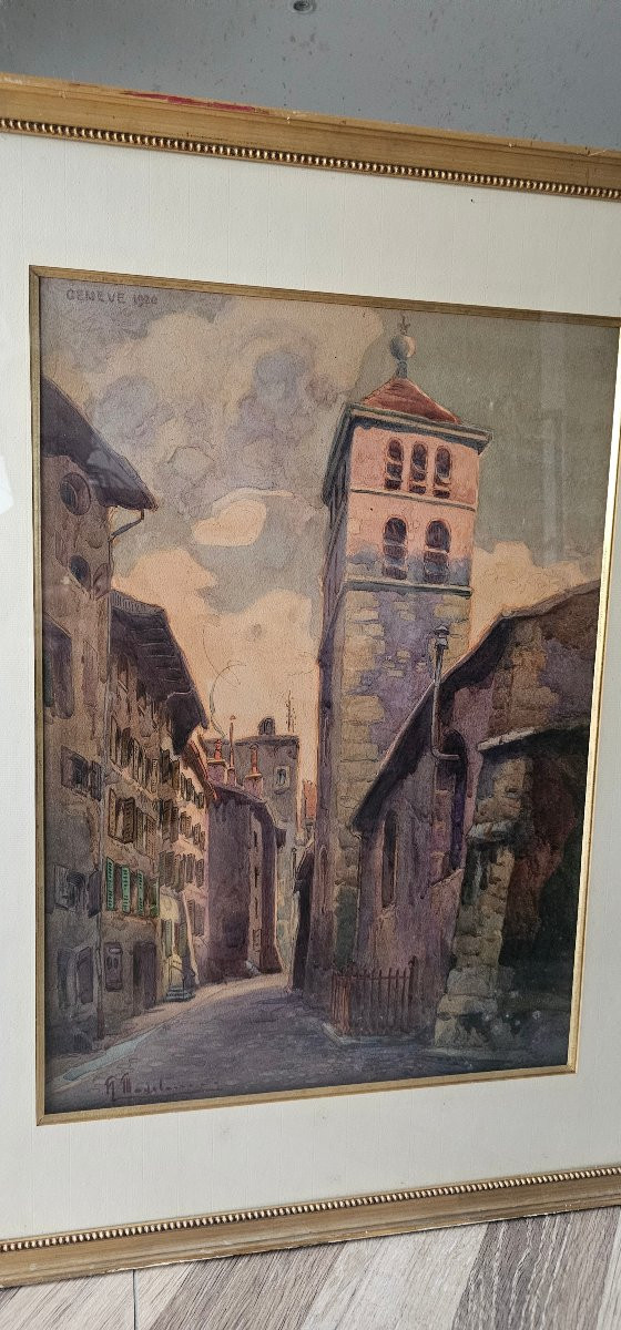 Joli Tableau aquarelle d' Hippolyte madelaine représentant Genève en 1920 Signé et Encadré -photo-1