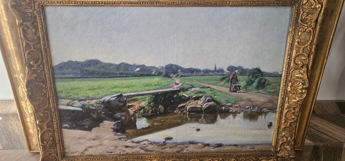 Huile Sur toile Paysage rural par MERET emile louis (1866-1939) cadre doré d époque 1896 -photo-2
