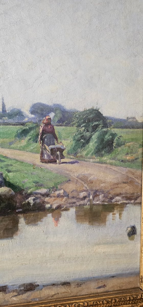 Huile Sur toile Paysage rural par MERET emile louis (1866-1939) cadre doré d époque 1896 -photo-3