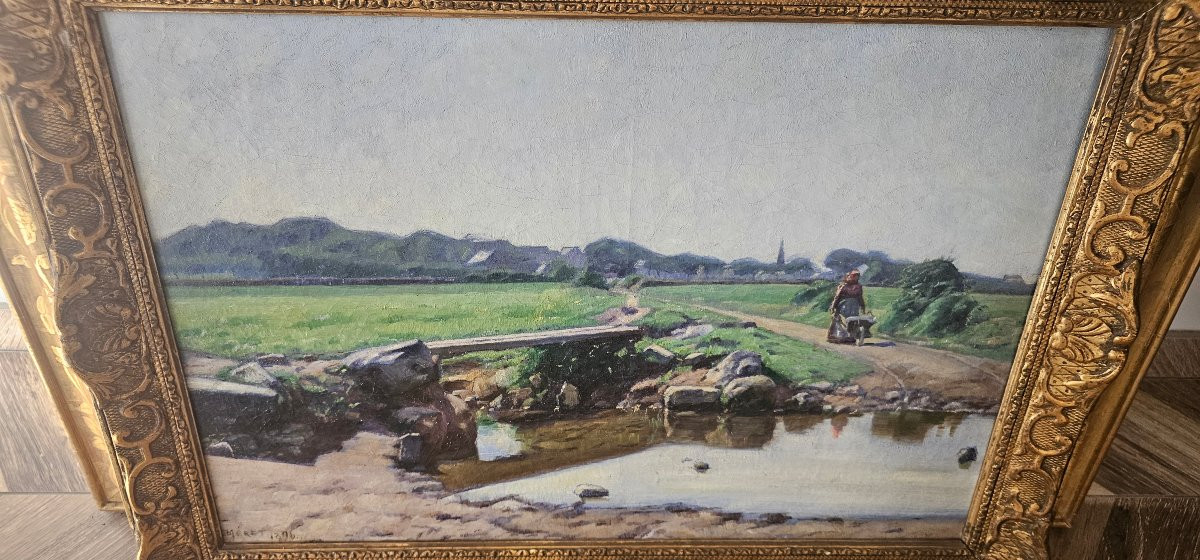 Huile Sur toile Paysage rural par MERET emile louis (1866-1939) cadre doré d époque 1896 -photo-2