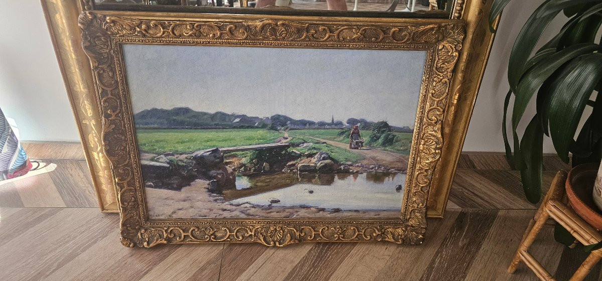 Huile Sur toile Paysage rural par MERET emile louis (1866-1939) cadre doré d époque 1896 -photo-8