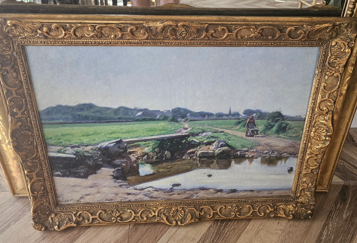 Huile Sur toile Paysage rural par MERET emile louis (1866-1939) cadre doré d époque 1896 