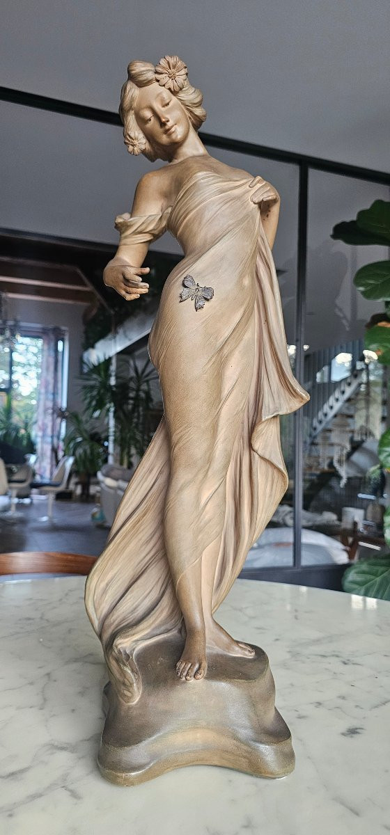 Statue en terre cuite art nouveau signé Aristide de Ranieri femme 1900 au papillon -photo-2