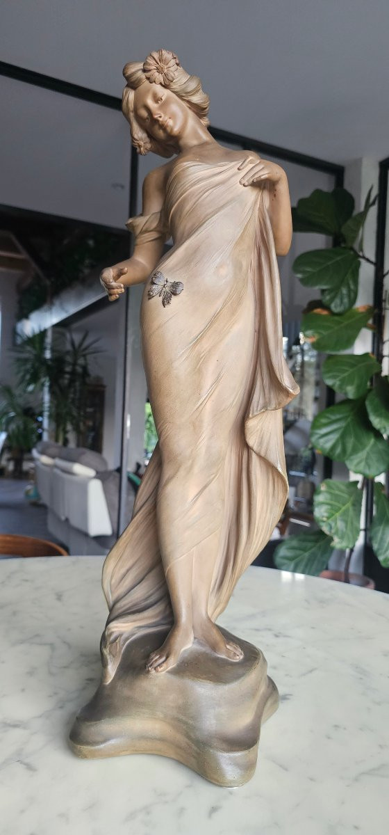 Statue en terre cuite art nouveau signé Aristide de Ranieri femme 1900 au papillon -photo-5