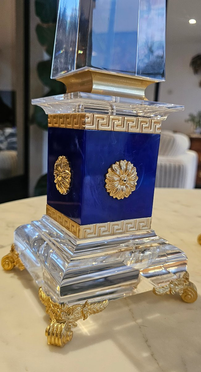 Rare Paire d'obélisque signée sandro petti pour la maison jansen plexiglas et bronze doré 55 cm-photo-2