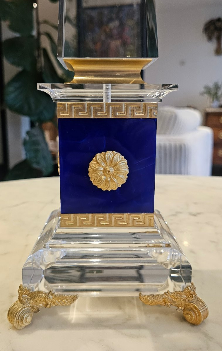 Rare Paire d'obélisque signée sandro petti pour la maison jansen plexiglas et bronze doré 55 cm-photo-3