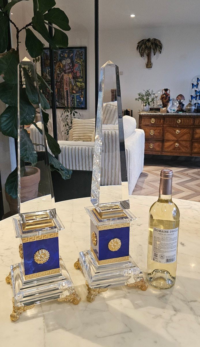 Rare Paire d'obélisque signée sandro petti pour la maison jansen plexiglas et bronze doré 55 cm-photo-1