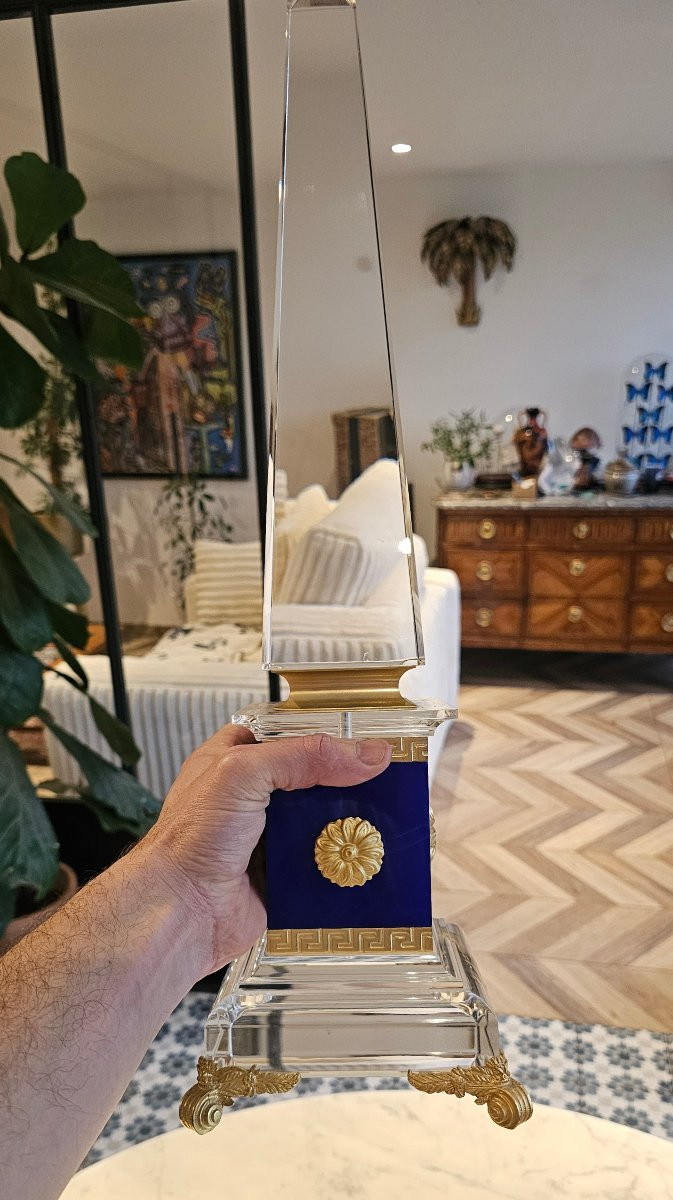 Rare Paire d'obélisque signée sandro petti pour la maison jansen plexiglas et bronze doré 55 cm-photo-2