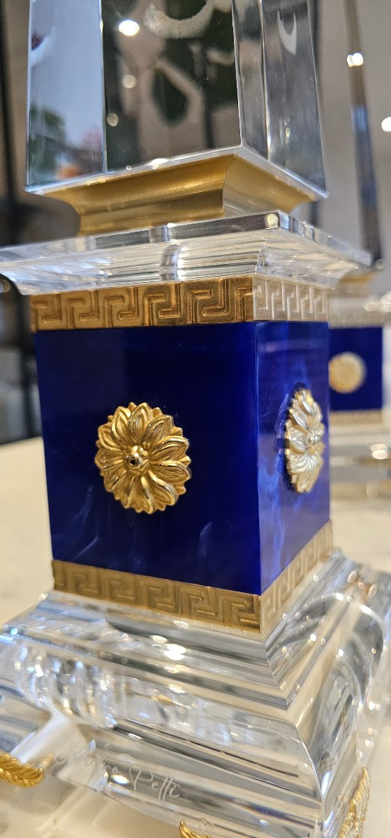 Rare Paire d'obélisque signée sandro petti pour la maison jansen plexiglas et bronze doré 55 cm-photo-5