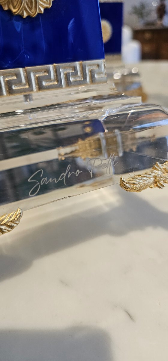 Rare Paire d'obélisque signée sandro petti pour la maison jansen plexiglas et bronze doré 55 cm-photo-8