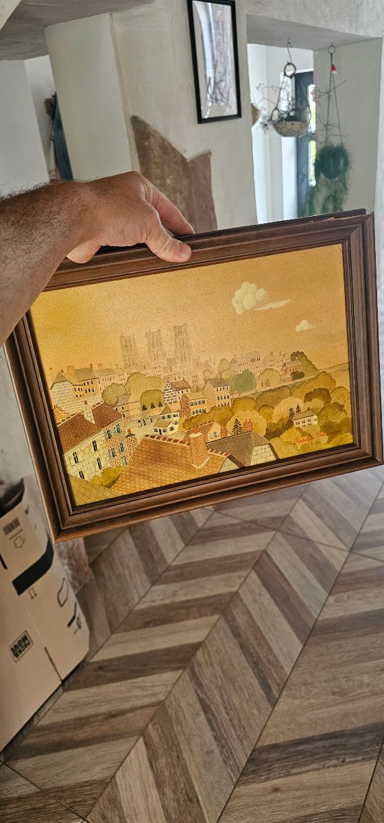 Tableau huile sur bois par Rodolphe Rousseau peintre naif la cathédrale de Laon-photo-2