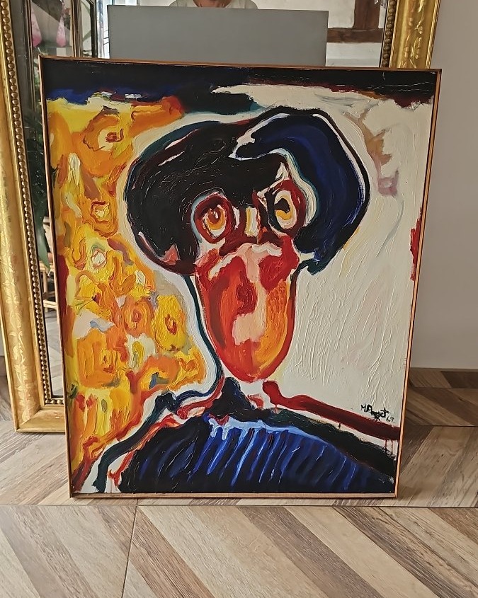 Oil On Canvas By Marcel Pouget 'tete De Peintre' 1962-photo-3