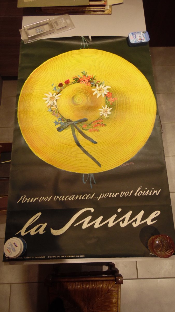 Affiche publicitaire ancienne La Suisse, illustrée par Alois Carigiet / 1957 / Chemin de Fer 