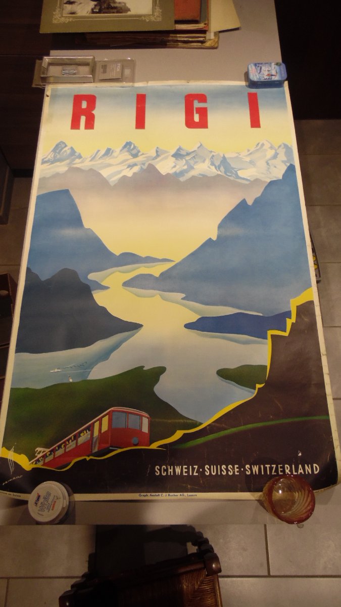 Affiche publicitaire ancienne Rigi Suisse, 1937, illustrée par Martin Peikert, tourisme