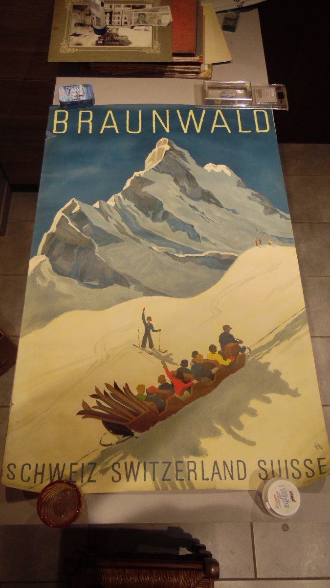 Affiche publicitaire ancienne toursime "Braunwald" Suisse, illustrée par Alex Digglemann