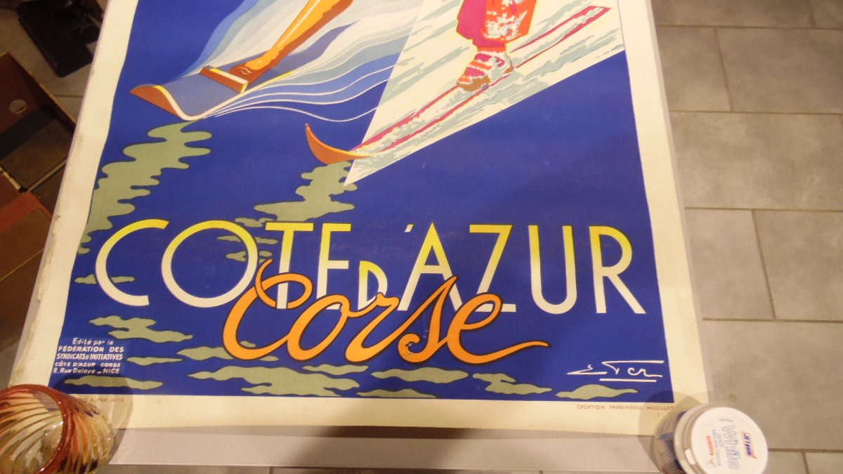 Affiche publicitaire ancienne Cote d'Azur / Corse illustrée par E. Fer-photo-2
