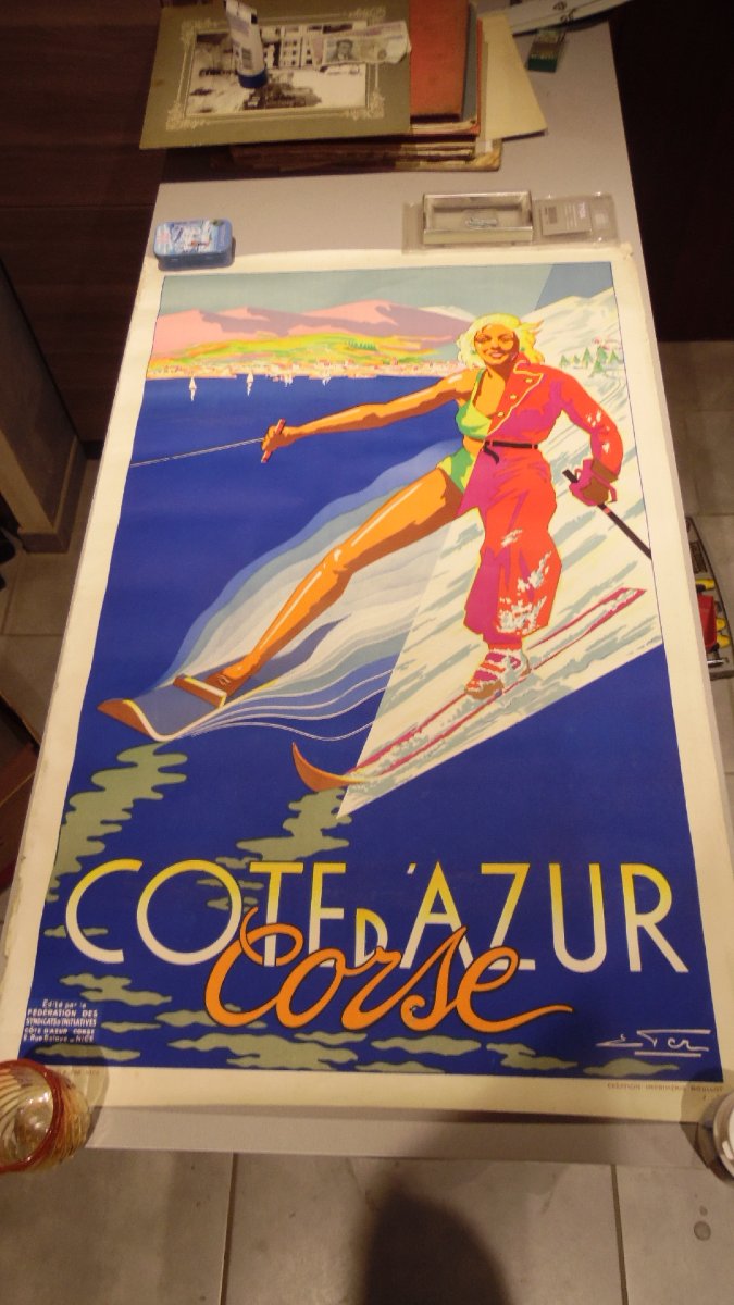 Affiche publicitaire ancienne Cote d'Azur / Corse illustrée par E. Fer