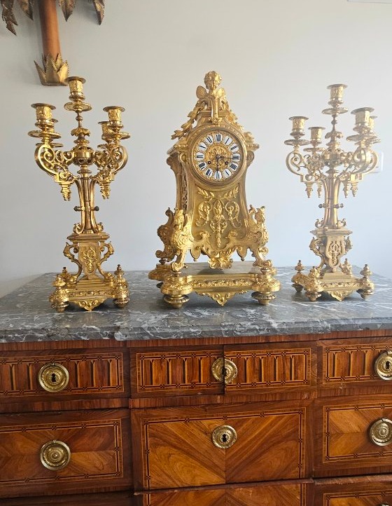 Enorme garniture de cheminée en bronze dorée epoque Napoléon 3 65cm-photo-1