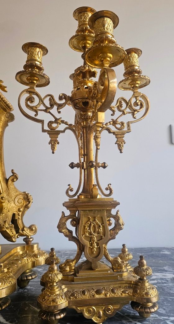 Enorme garniture de cheminée en bronze dorée epoque Napoléon 3 65cm-photo-4