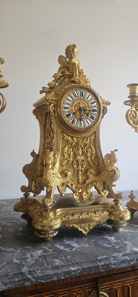 Enorme garniture de cheminée en bronze dorée epoque Napoléon 3 65cm-photo-6