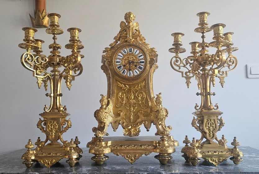 Enorme garniture de cheminée en bronze dorée epoque Napoléon 3 65cm