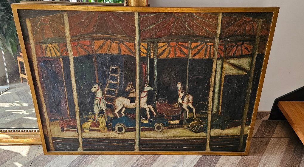 Grande huile sur toile par Bernard Gantner le manège vers 1950-photo-3