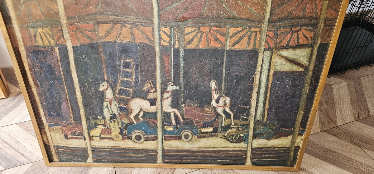 Grande huile sur toile par Bernard Gantner le manège vers 1950-photo-5