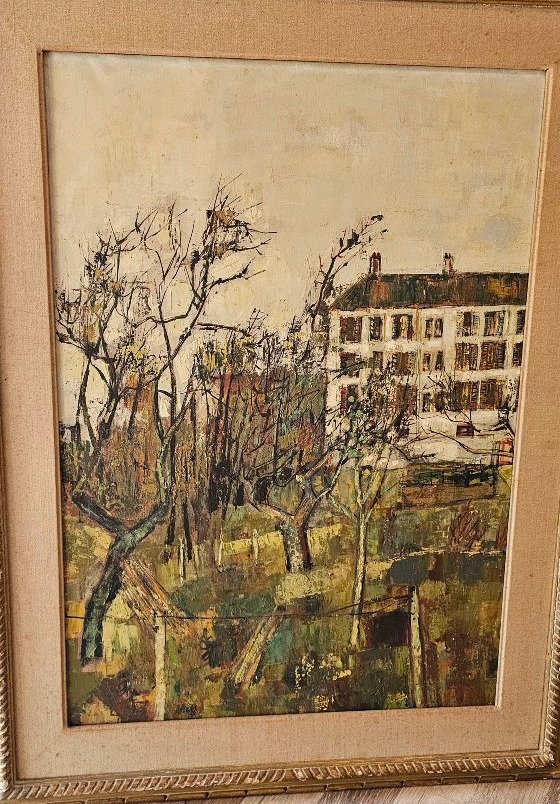 Large Oil-on-canvas Painting By Bernard Gantner, Signed And Dated 1958; Landscape Featuring A Large House-photo-2