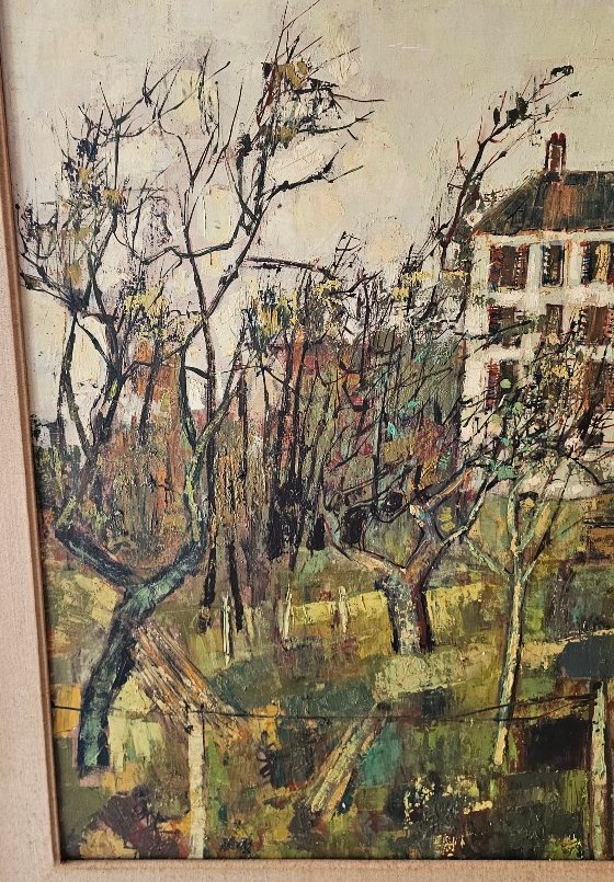 Large Oil-on-canvas Painting By Bernard Gantner, Signed And Dated 1958; Landscape Featuring A Large House-photo-3