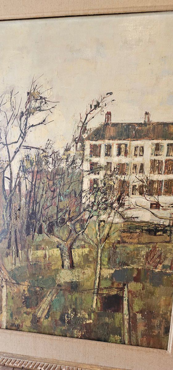 Large Oil-on-canvas Painting By Bernard Gantner, Signed And Dated 1958; Landscape Featuring A Large House-photo-3