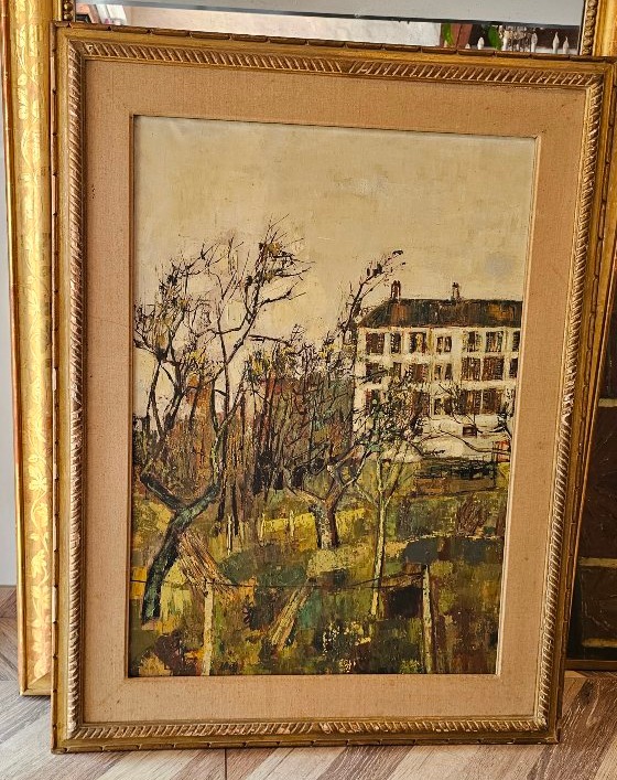 Large Oil-on-canvas Painting By Bernard Gantner, Signed And Dated 1958; Landscape Featuring A Large House