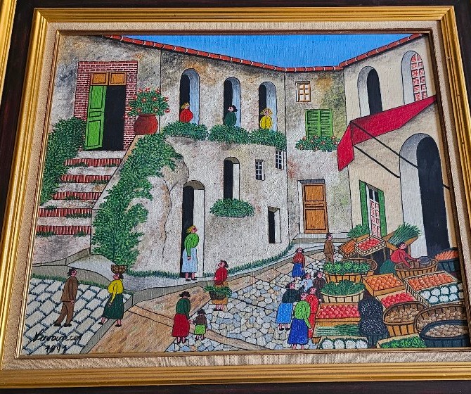 Huile sur toile tableau par VIVANCOS Miguel Garcia le marché 1971 peintre naif -photo-2