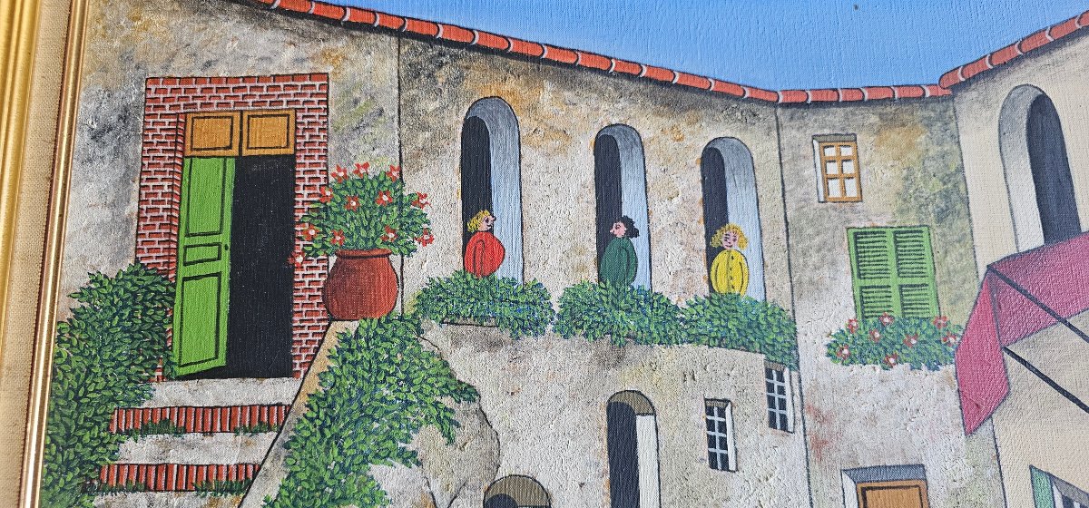 Huile sur toile tableau par VIVANCOS Miguel Garcia le marché 1971 peintre naif -photo-1