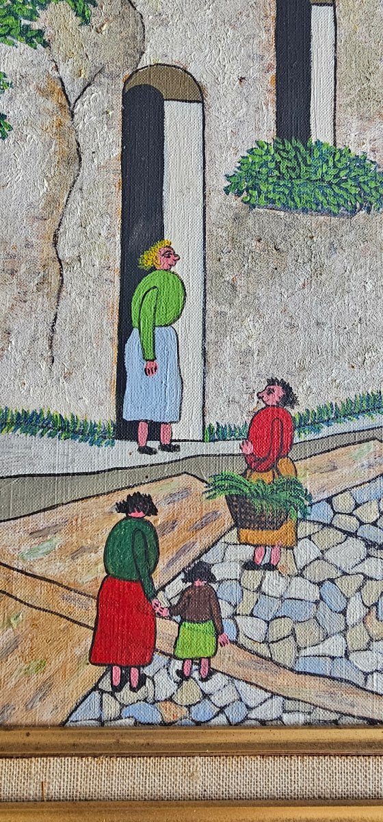 Huile sur toile tableau par VIVANCOS Miguel Garcia le marché 1971 peintre naif -photo-3