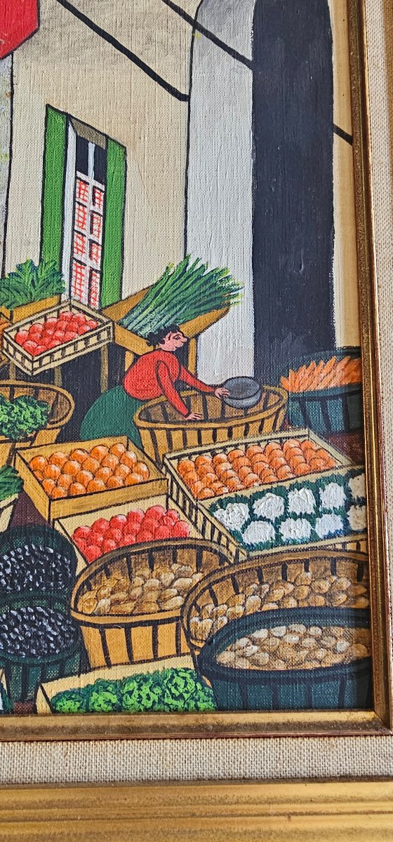 Huile sur toile tableau par VIVANCOS Miguel Garcia le marché 1971 peintre naif -photo-4