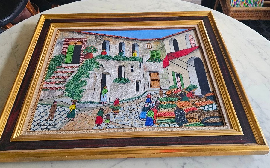 Huile sur toile tableau par VIVANCOS Miguel Garcia le marché 1971 peintre naif 