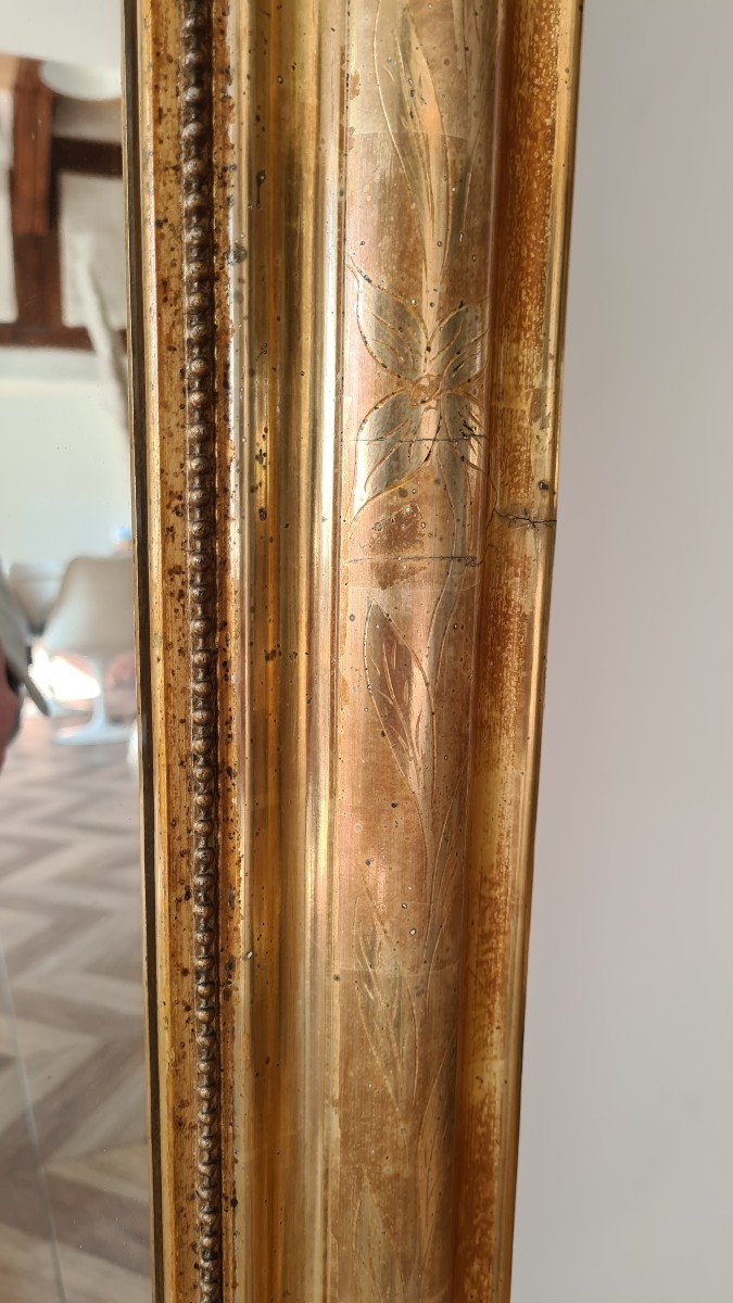 Superbe Miroir Doré époque Louis Philippe Patine Champagne Fleurs Gravées -photo-3