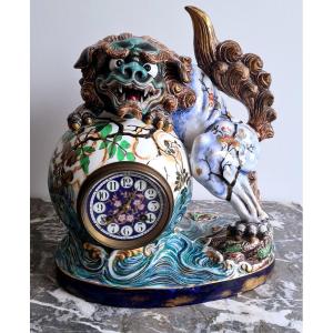 Rare Majorelle And Luneville Earthenware Clock Representing A Fô Dog Circa 1880/1900